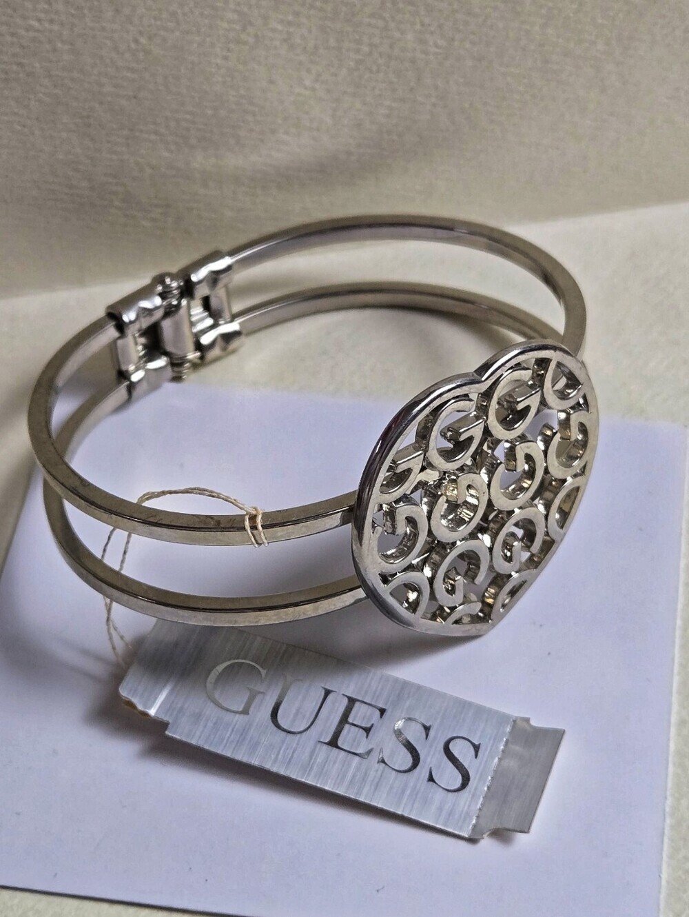 GUESS Silver Heart Logo Double-Band Bangle Bracelet - Picture 4 of 7